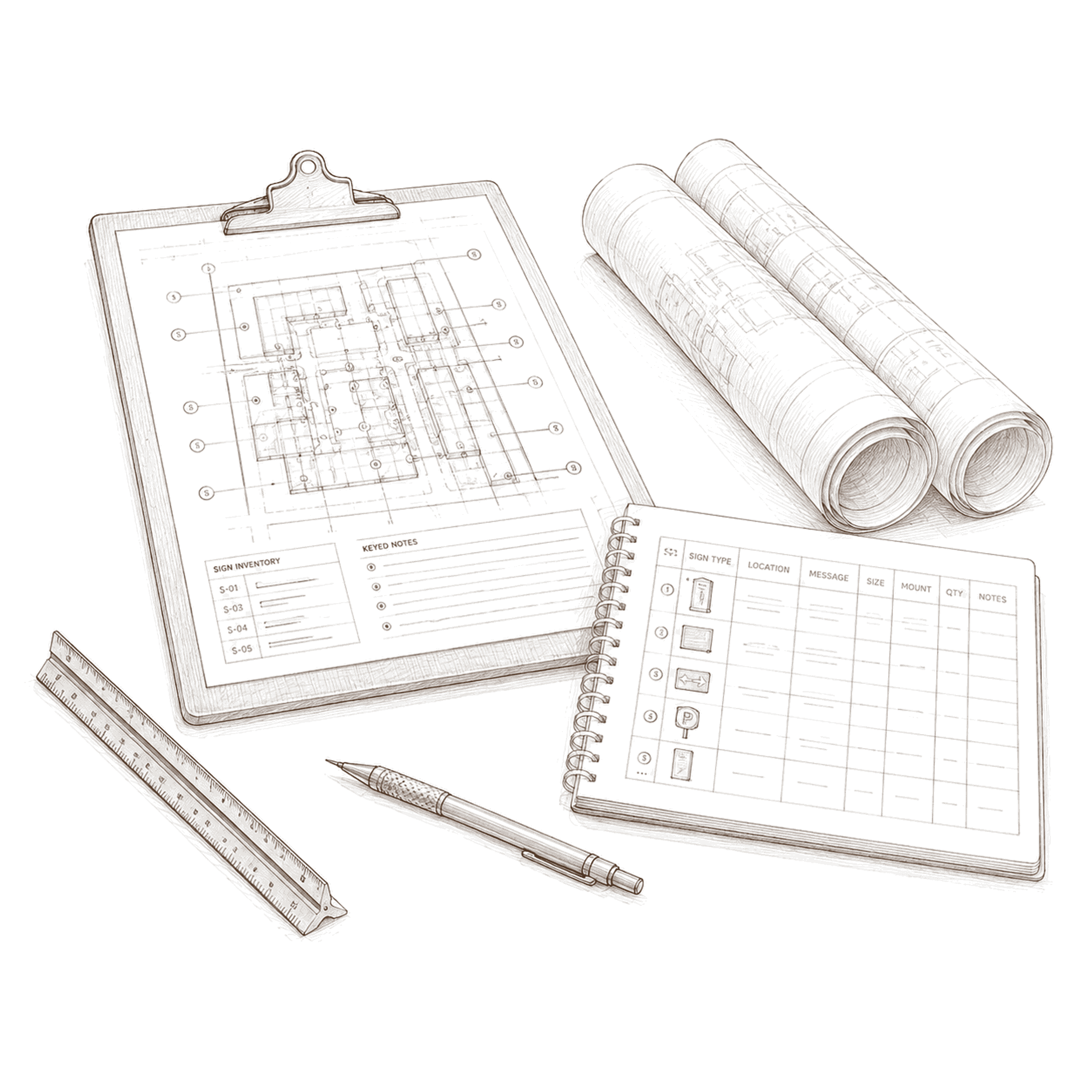 Sign survey desk scene: a clipboard with a keyed floor plan and sign inventory, rolled drawings, a spiral notebook with a sign schedule, a scale ruler, and a pencil